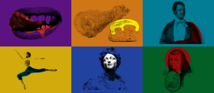 Graphic with six colored box to represent the six mainstage theatre shows. Purple box with vampire fangs and blood, orange box with fried chicken, cyan box with main in suit, yellow box with a dancer, blue box with woman and black and white face, green box with woman and red circle around her face.