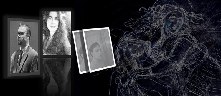 Three black and white photos of the actors on top of schedule drawing of a maiden and a man.