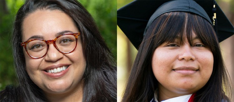Fresno State alumna Olivia Muñoz, left, won the Latin-American Poetry Chapbook contest and will publish her debut book this fall; new alumna Hermelinda Hernandez Monjaras won the Arts and Humanities Graduate Dean’s Medal.