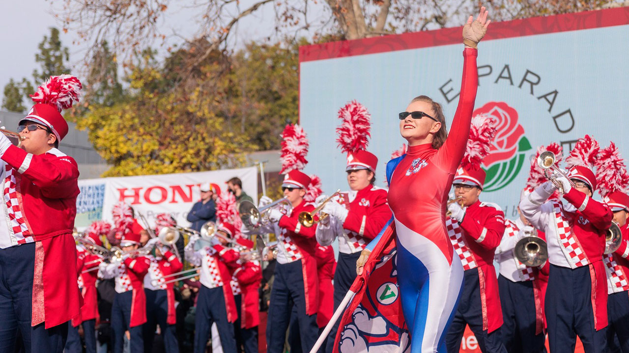 Color guard and band perform at the 2023 Rose Parade.