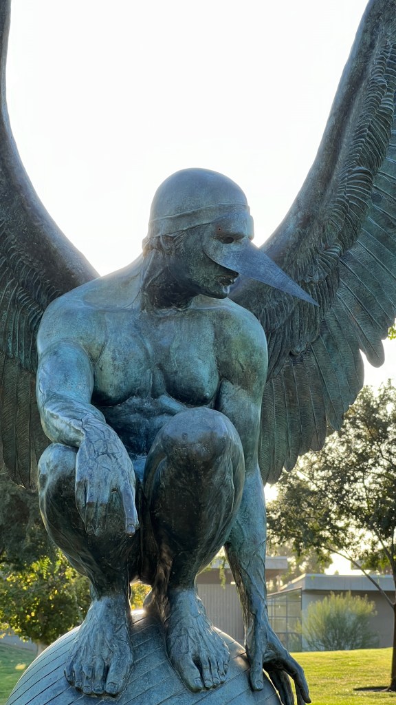 Angel Persélidas Monumental - 2009 | 8.3 x 8.5 x 2.6 ft - The name of this sculpture reminds us of the Perseids, an annual meteor shower named for the constellation Perseus. In this winged being, we might find the delicacy of those meteors, symbolizing a union between heaven and earth, the divine and the human.