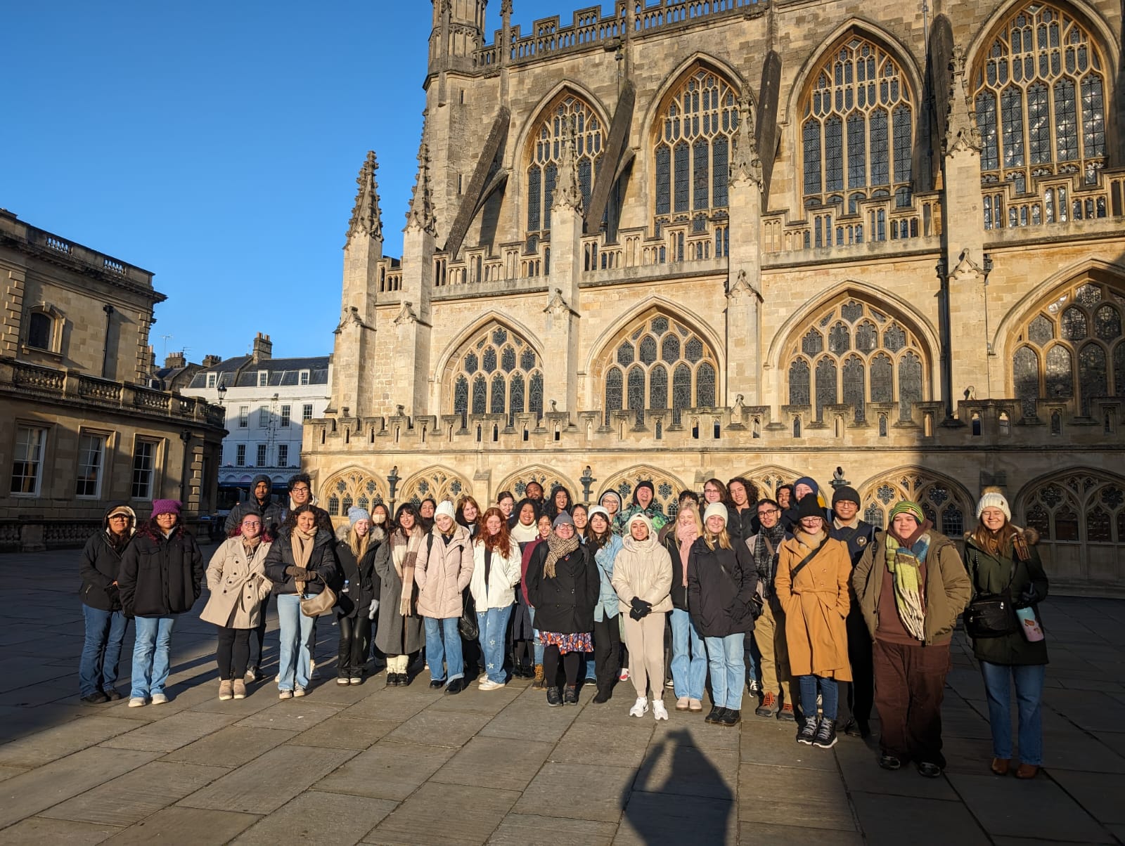 Fresno State in front of Bath Abby Church.