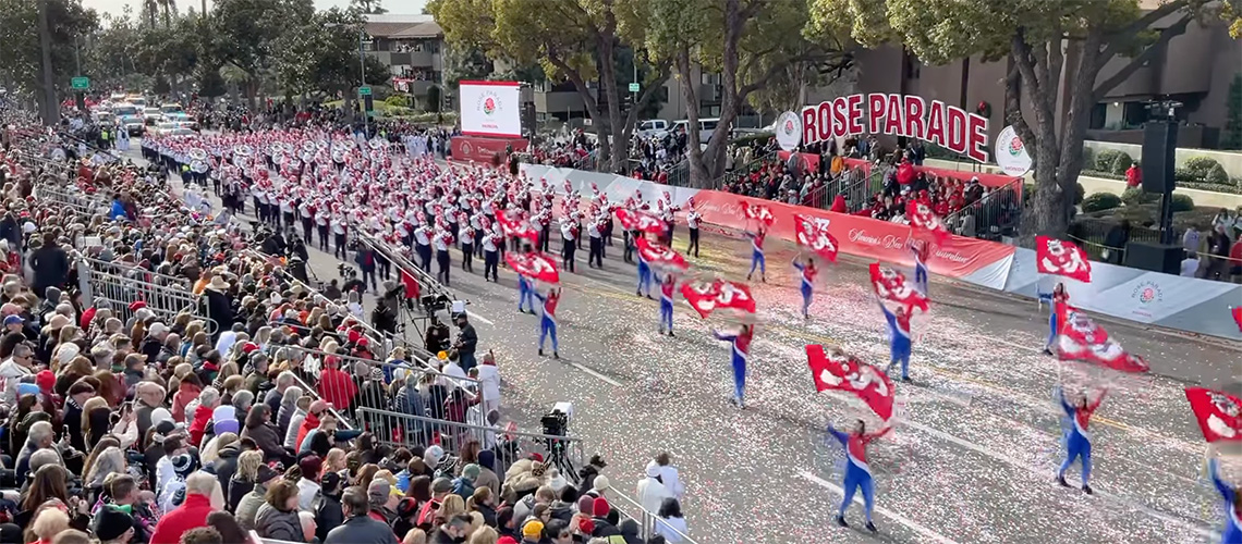 The Bulldog Marching Band and Color Guard at the 2023 Rose Parade