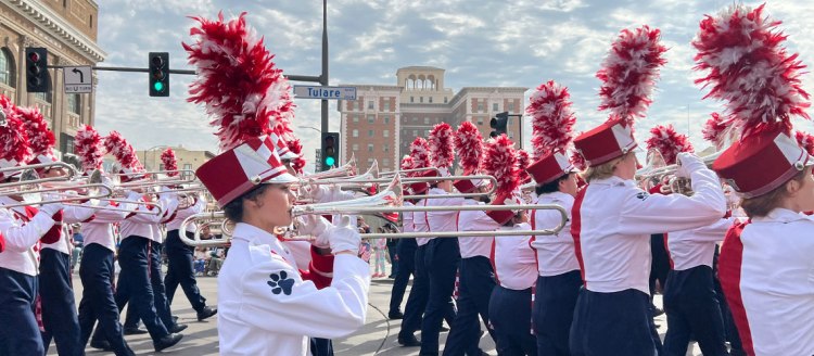 The Bulldog Marching Band at the Veterans Day Parade in Downtown Fresno.