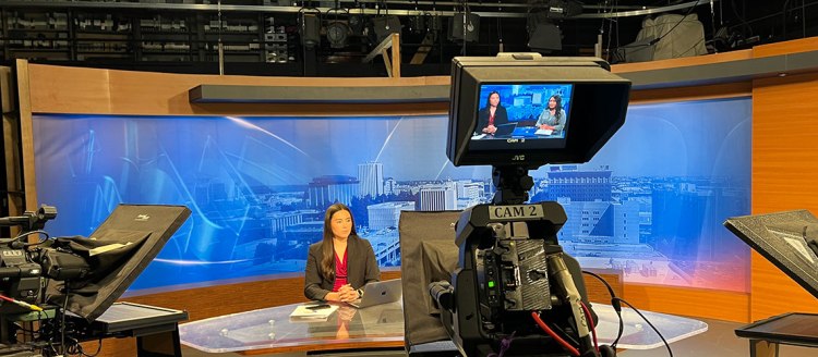 Students at the anchor desk report for Fresno State Focus.