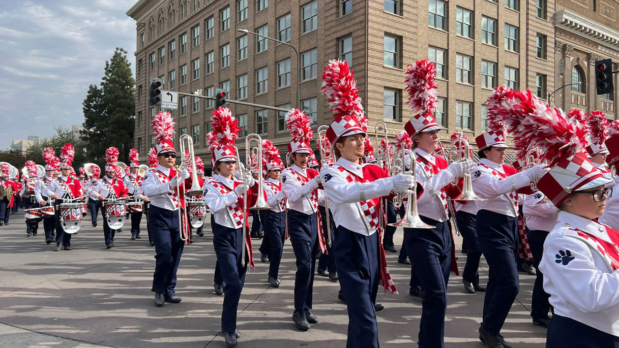 The Bulldog Marching Band at the Veterans Parade in Downtown Fresno.