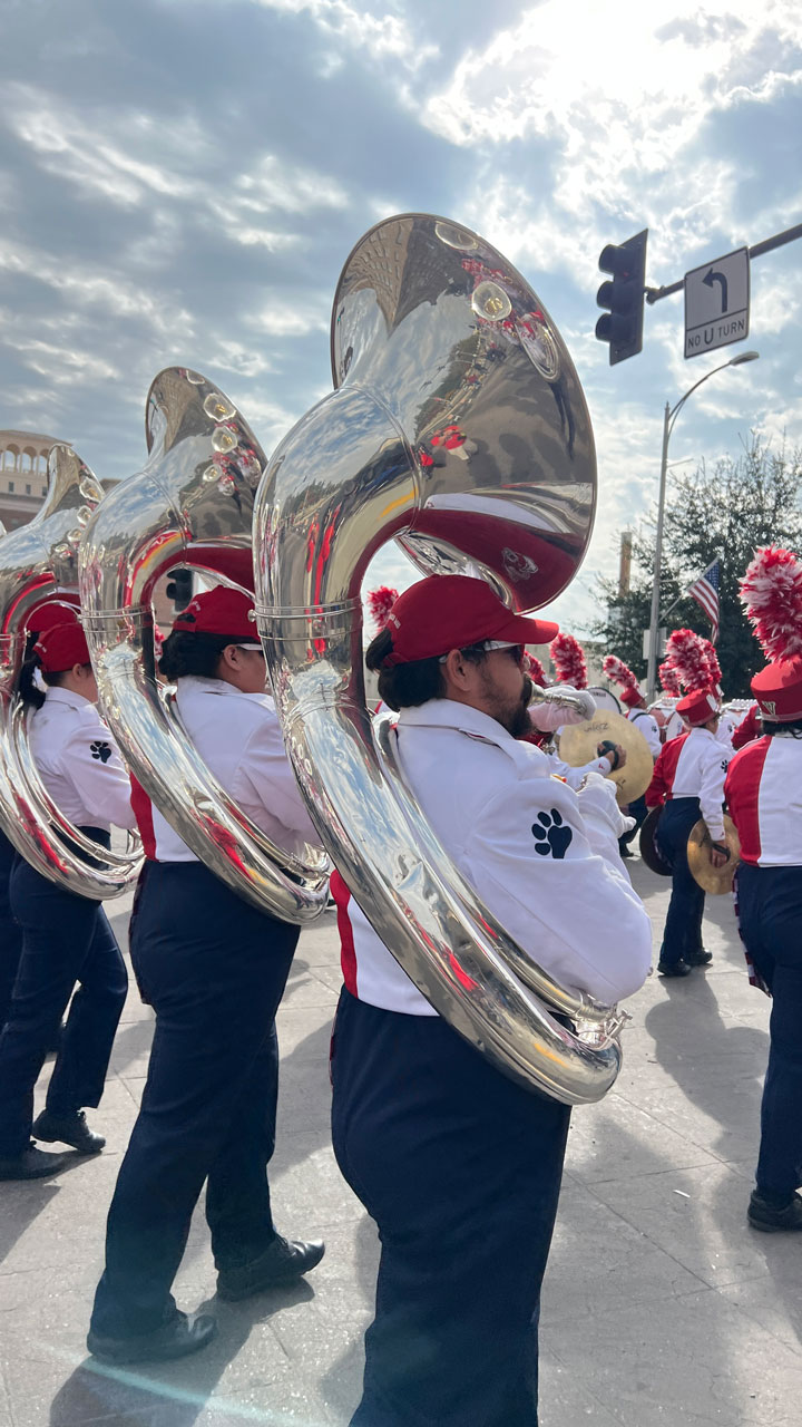 The Bulldog Marching Band at the Veterans Parade in Downtown Fresno.