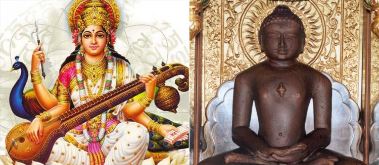 Saraswati drawing and statue of Mahavir