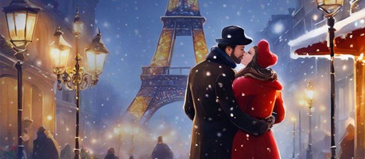 Illustration of a couple kissing while the snow falls in Paris and the Eiffel Tower in the background.