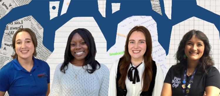 Graphic image with headshots of Samantha Golden, Kenyeih Williams, Kayla Mendoza, and Mary Sosa as photo cutouts of a background of cutout paper scraps