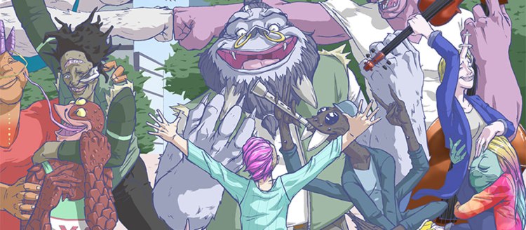 Illustration of a young woman named Maxx with her back to the view and her hands stretched up while monsters appear to happily party.