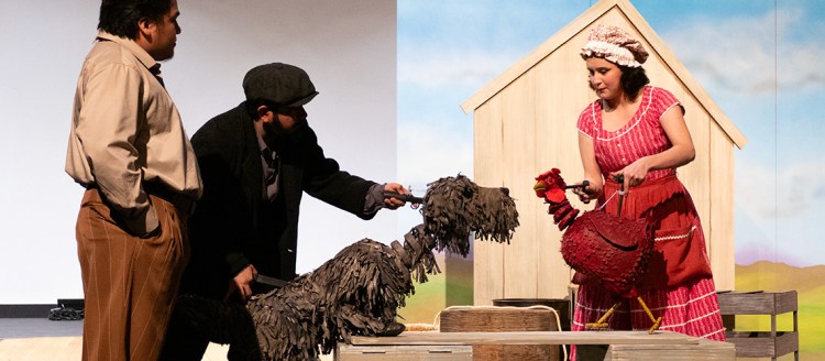 Along Came A Dog rehearsal with dog and chicken puppets.