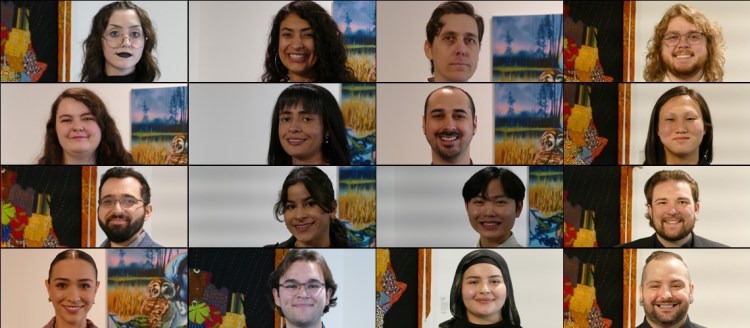 Headshots of all 16 students of distinction in front of artwork in the Dean's Gallery.