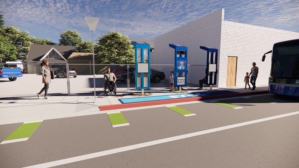 A realistic rendering of a bus approaching a bus stop with rotating seats and back panels.