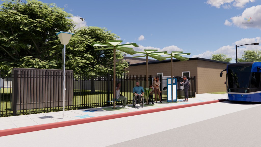 A realistic rendering of a bus approaching a bus stop with a tree like structure and giant leaves as shade.