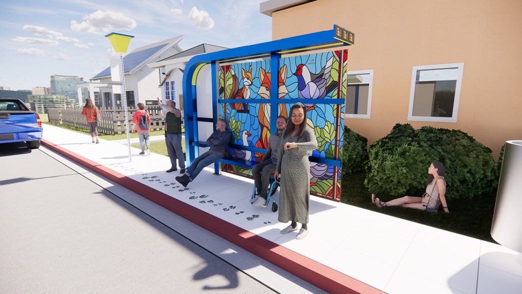 Realistic rendering of a bus stop with people sitting in it and standing nearby. The bus stop with blue with a colorful mosaic art piece of a fox, ducks and other wildlife.