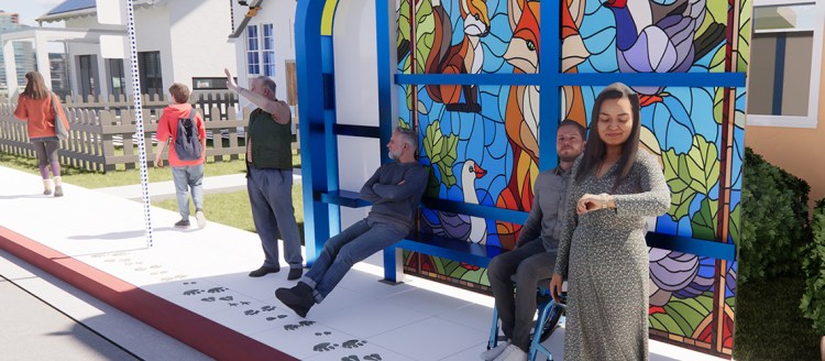 Realistic rendering of a bus stop with people sitting in it and standing nearby. The bus stop with blue with a colorful mosaic art piece of a fox, ducks and other wildlife.