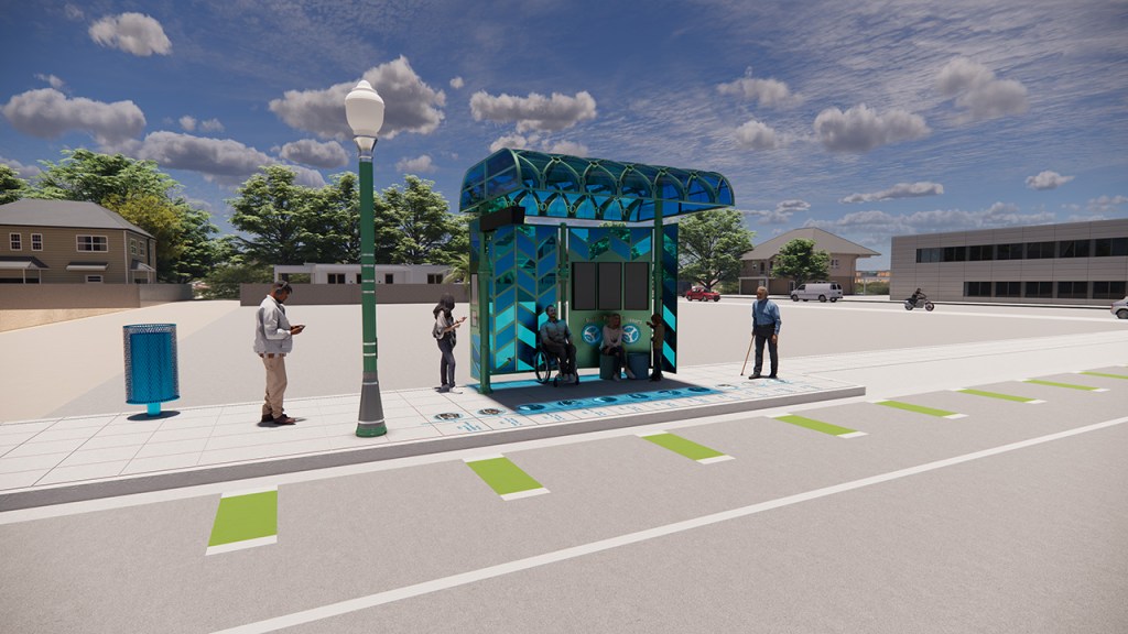 A realistic rendering of a bus stop with a blue semi-translucent shade and backing.