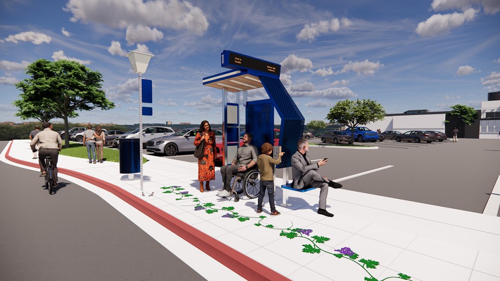 Realistic rendering of a bus stop with people sitting in it and standing nearby. The bus stop has a blue roof and panels.