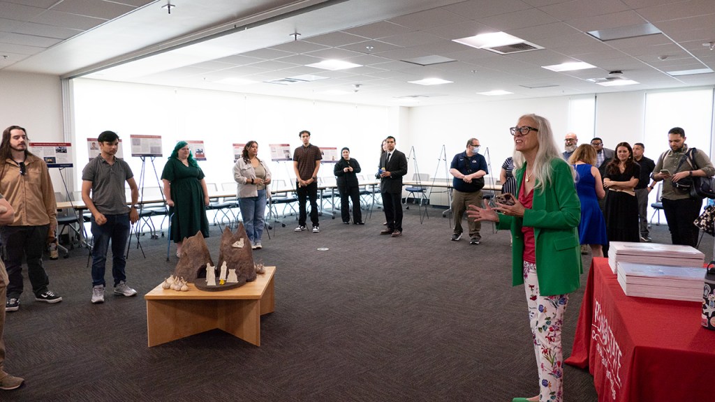 Dr. Honora Chapman, Dean of the College of Arts and Humanities, speaks at the Humanities Internship Showcase.