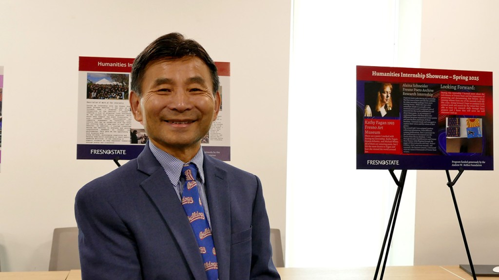 Dr. Xuanning Fu, provost and vice president for Academic Affairs at Fresno State poses for a photo at the Humanities Internship Showcase.