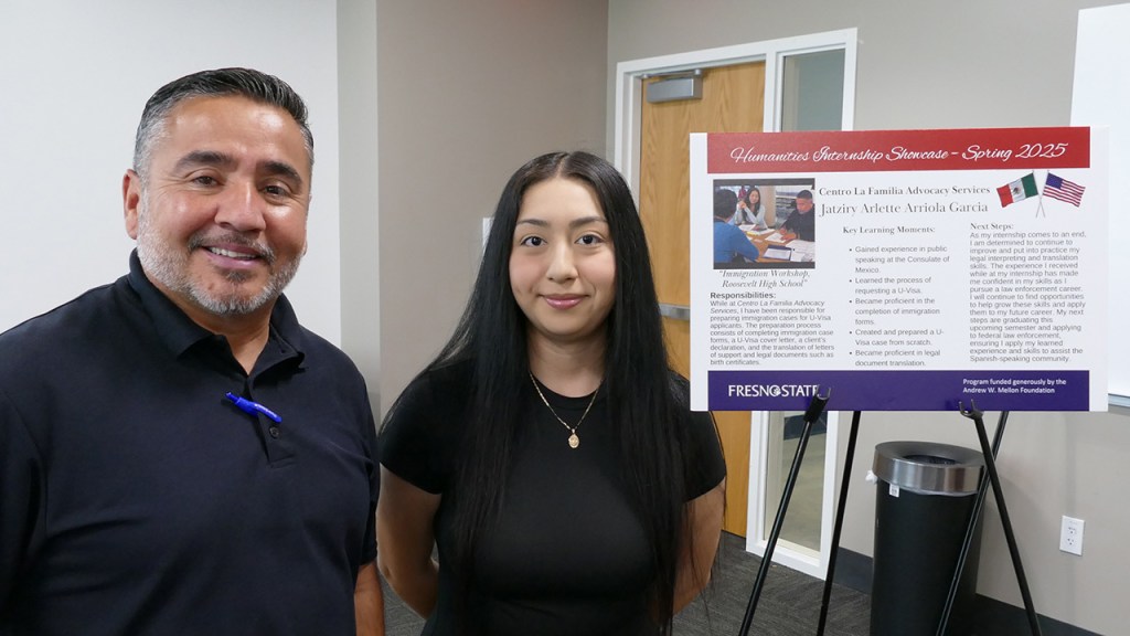 A representative from Centro La Familia Advocacy Services and Fresno State student Jatziry Arriola with her presentation board.