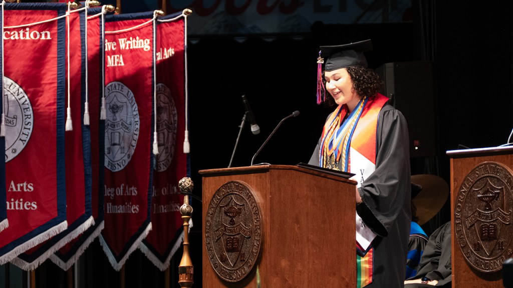 Faith Van Hoven, Associated Students Inc. (ASI) president, gives her address at the podium.