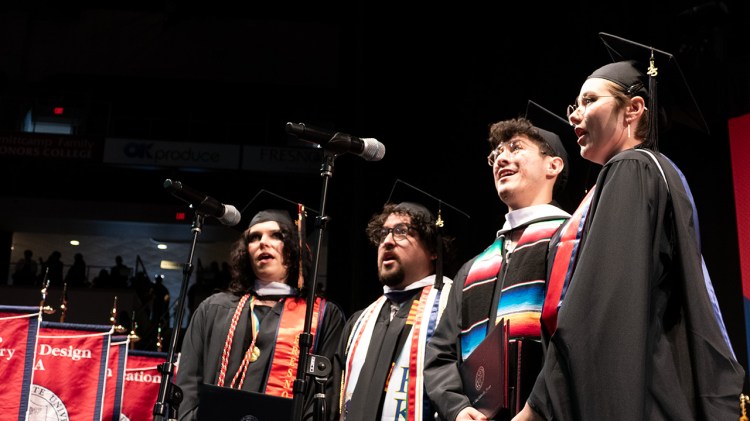 School of Music graduates Miranda Barton, Allen Gallego, Andrew Guillen and Karigan Wann sing the Alma Mater.