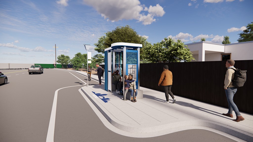 Realistic rendering of a bus stop with people sitting in it and standing nearby. The bus stop is semi-enclosed to provide shade from the front.