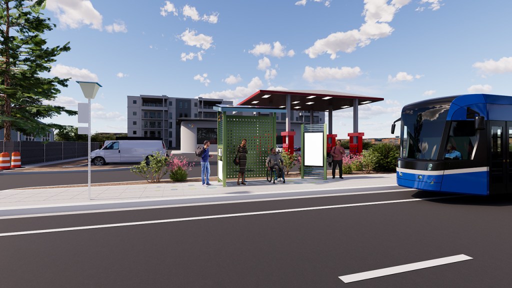 Realistic rendering of a bus pulling up to a bus stop with people sitting in it and standing nearby. The bus stop with green and red with a large roof and perforated green panels.