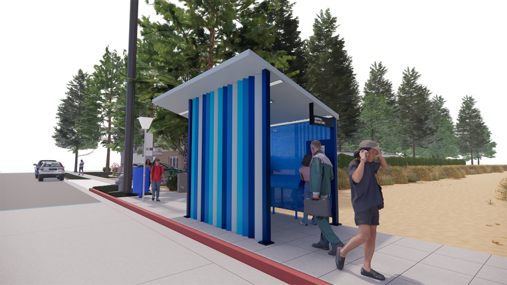 Realistic rendering of a bus stop with people sitting in it and standing nearby. The bus stop has blue slats in the front and a blue solid panel backing with a gray roof.