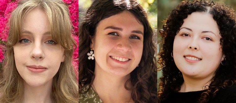 From left: English Department alumni Mialise Carney, Alea Droker, and Mercedez Espino are all headed for advanced post-baccalaureate studies in the fall.